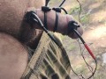 Electro device fucked my cock. Much sperm in outdoors