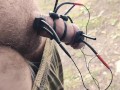Electro device fucked my cock. Much sperm in outdoors