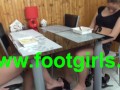 teen girls feet lick boy under table