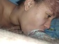 his wet balls smear my face with cum, i suck hard and loud until he ejaculates in my mouth again