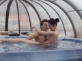 OLD4K. Brunette practices bonking with older man in all poses by pool