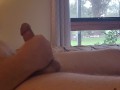 Fat hubby jerking off in front of an open window