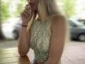 She cum with risky public masturbation in open cafe on the busy street. Transparent top, no panties.
