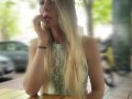She cum with risky public masturbation in open cafe on the busy street. Transparent top, no panties.