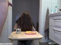 Golden shower on the amateur girl while she is having her breakfast