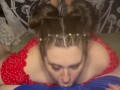 Brunette babe stays down suckling and deepthroating until she gets a hot throatpie