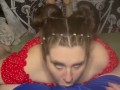 Brunette babe stays down suckling and deepthroating until she gets a hot throatpie