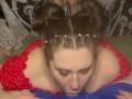 Brunette babe stays down suckling and deepthroating until she gets a hot throatpie