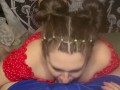 Brunette babe stays down suckling and deepthroating until she gets a hot throatpie