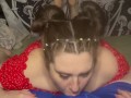 Brunette babe stays down suckling and deepthroating until she gets a hot throatpie