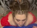 Brunette babe stays down suckling and deepthroating until she gets a hot throatpie
