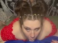 Brunette babe stays down suckling and deepthroating until she gets a hot throatpie