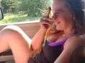 Cute girl is extremely horny in my truck and spread her legs and kicks her feet on my dashboard