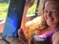 Cute girl is extremely horny in my truck and spread her legs and kicks her feet on my dashboard
