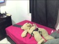 Hot white girl was so horny so she fucks her teddy with strapon