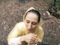Black Lynn in Yellow Raincoat Sucking Cock in the Woods - Public Blowjob and Cum in Mouth