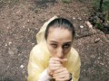 Black Lynn in Yellow Raincoat Sucking Cock in the Woods - Public Blowjob and Cum in Mouth