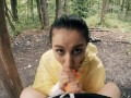 Black Lynn in Yellow Raincoat Sucking Cock in the Woods - Public Blowjob and Cum in Mouth