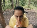 Black Lynn in Yellow Raincoat Sucking Cock in the Woods - Public Blowjob and Cum in Mouth