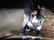 Piss Whore in dog collar receives golden shower and hot cum in her mouth in a public road interrupte