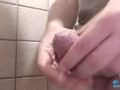 cock ring in a public bathroom is fun! uncut phimosis cock👅🖐️