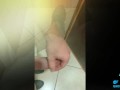 tight foreskin fun, cock ring in a public bathroom phimosis cock