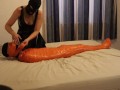 Femdom goddes plays with mummified chastity sissy slave
