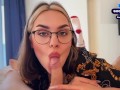 Hot brunette shows how to suck cock and gets a cum shot on her face