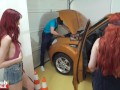 FAKEhub Originals - Redhead girls get down and dirty at the garage with young mechanic