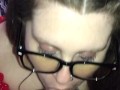 BBW with glasses deepthroats, sucks and swallows daddy’s cumload