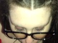 BBW with glasses deepthroats, sucks and swallows daddy’s cumload