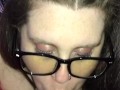 BBW with glasses deepthroats, sucks and swallows daddy’s cumload