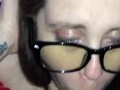 BBW with glasses deepthroats, sucks and swallows daddy’s cumload