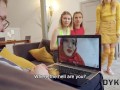 DYKE4K. While man talks on a video call three ladies enjoy lesbian threesome