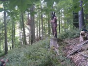 With a bunny mask and a dog collar around my neck