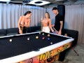 A threesome with two amazing latinas on a pool table