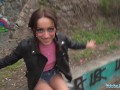 Public Agent Brunette discarded sex performer doll is fucked hard in public area