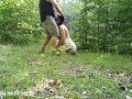 Milf submissive slut taken for a walk on a leash in forest