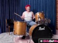 Hirsute drummer with big clitoris uses her sticks to get off