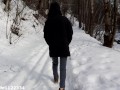 Amateur girl dreaming about quick fuck and deepthroat blowjob in public park in freezing winter cold