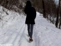 Amateur girl dreaming about quick fuck and deepthroat blowjob in public park in freezing winter cold