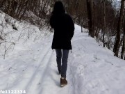 Amateur girl dreaming about quick fuck and deepthroat blowjob in public park in freezing winter cold