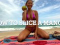 97 slut bikini milf jerk off husband on public beach and eats cum with mango OnlyFans @ Appleliu-76