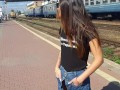 walks without panties at the train station