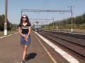 walks without panties at the train station