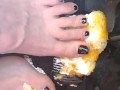Hot blonde smashing Twinkies on pedals as she's pedal pumping