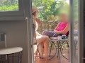 My husband is jerking off and cum in front of my stepmom a while we talk on balcony