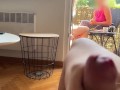 My husband is jerking off and cum in front of my stepmom a while we talk on balcony
