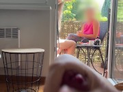 My husband is jerking off and cum in front of my stepmom a while we talk on balcony