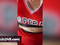 Couple fucks in RV while she wears cheerleader costume & pigtails & high socks, cumshot - Lelu Love